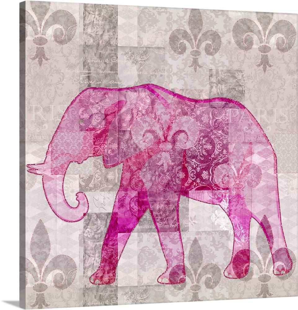 Tropical vibe mixed media art with pink elephant on unique texture.