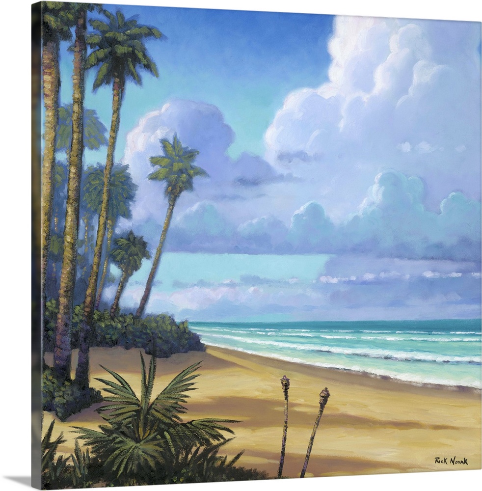 Escape from everything with this painting of a tropical paradise of endless crystal blue waters and palm trees.