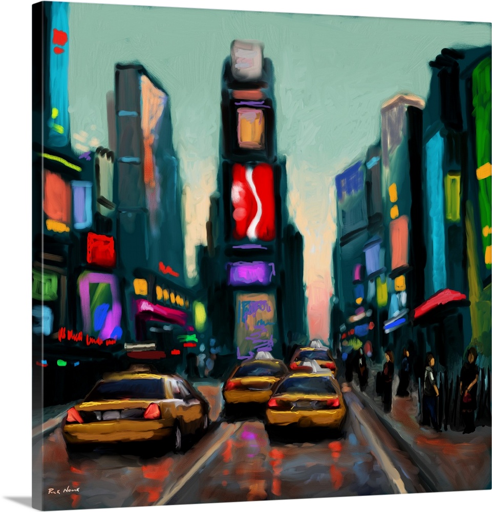 Contemporary art print of taxis in the street in Times Square, lit up with brightly colored advertisements.