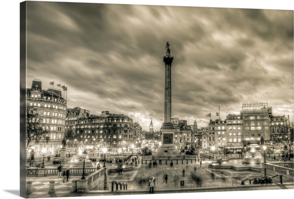 HDR photograph in sepia tone of Trafalgar Square in London, England.