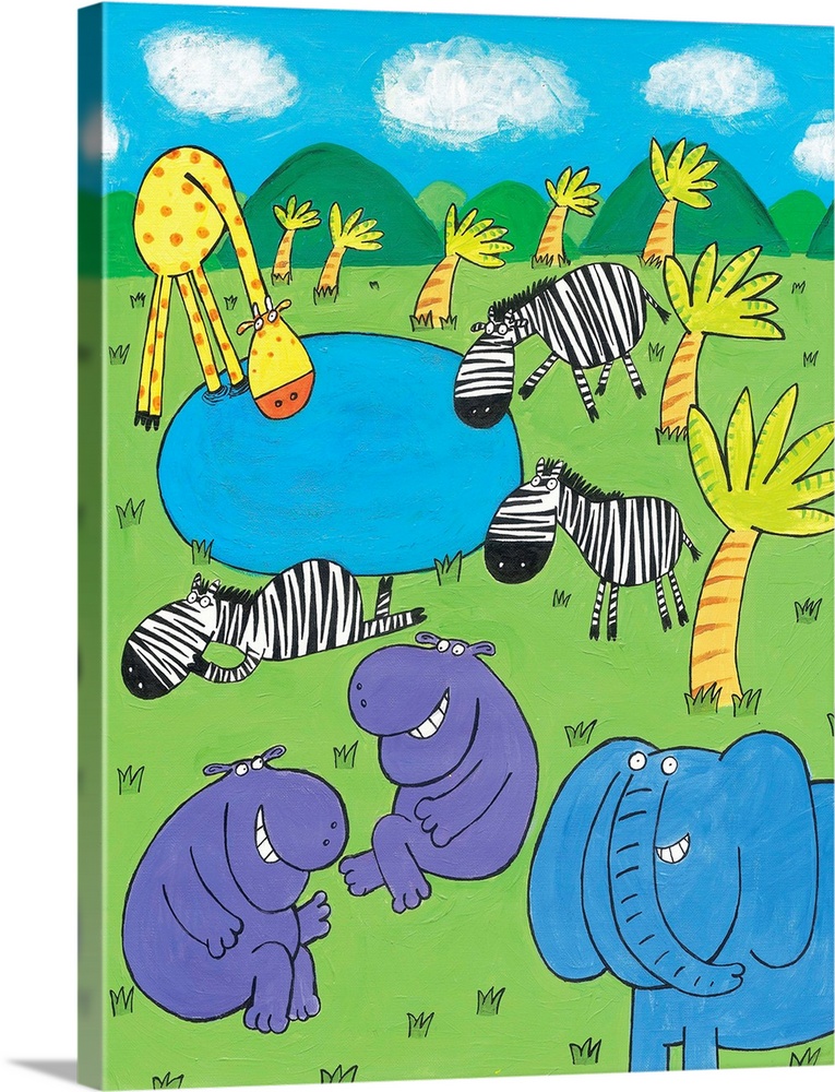 Jungle animals enjoy a day at the watering hole. Illustrated by children's artist Carla Daly.