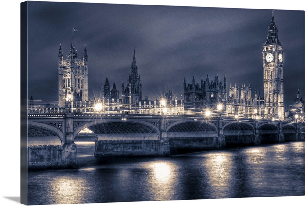 HDR photograph of the houses of parliament and Big Ben from across the river Thames, London.