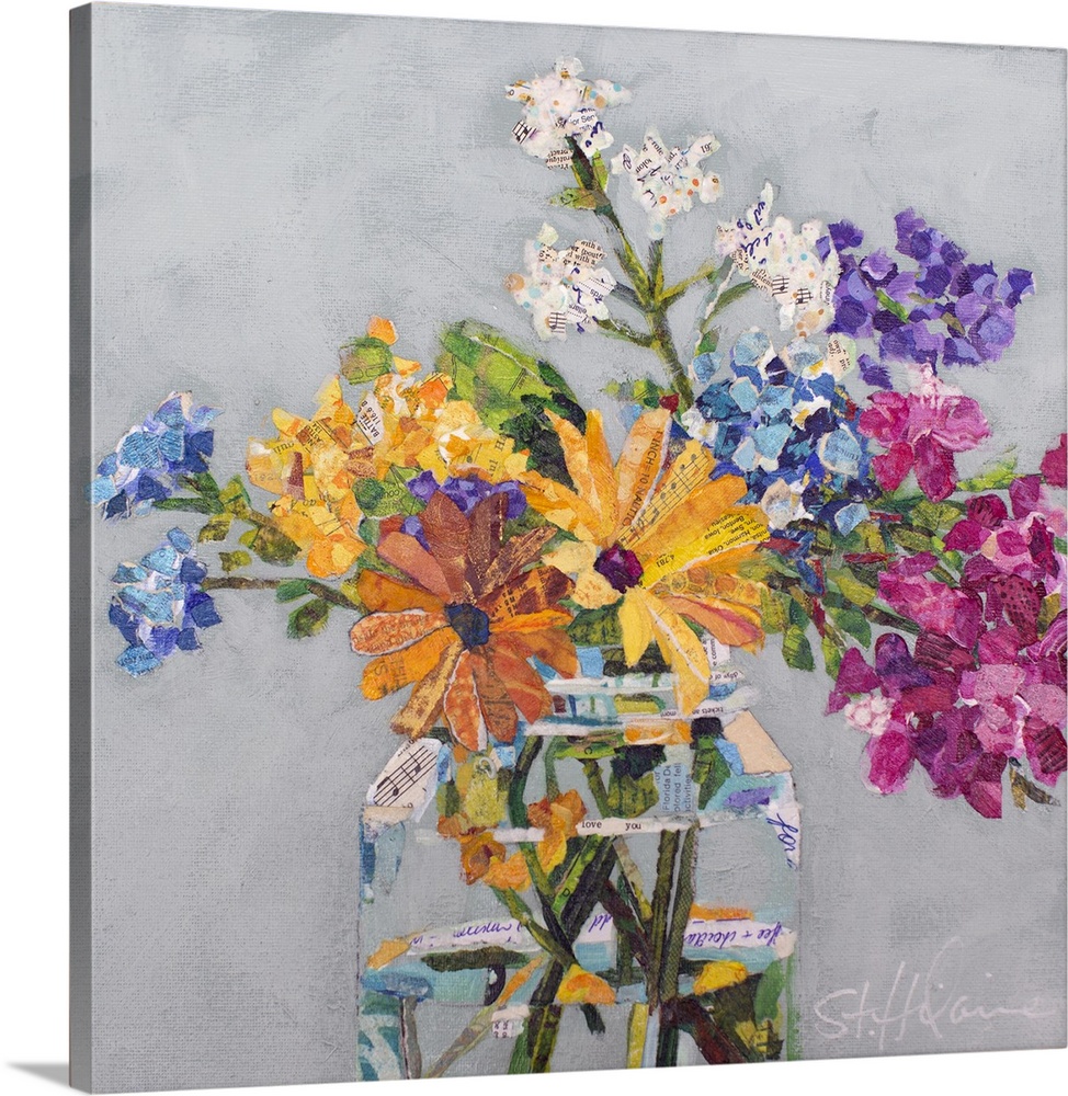 Mixed media collage of wildflowers of yellow, pink, purple, and white in a clear glass jar.