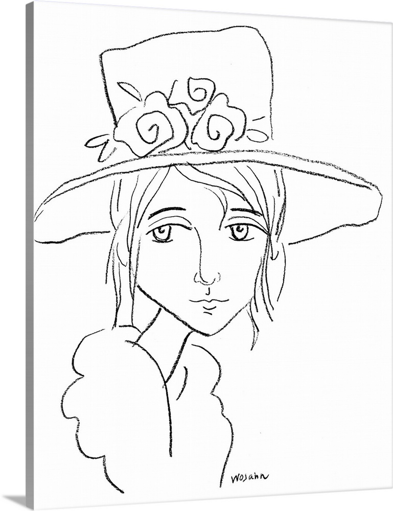 This Line Drawing of a Woman reminiscent of perhaps the 1930os, when wearing hats a fur collared coats were prevalent in s...