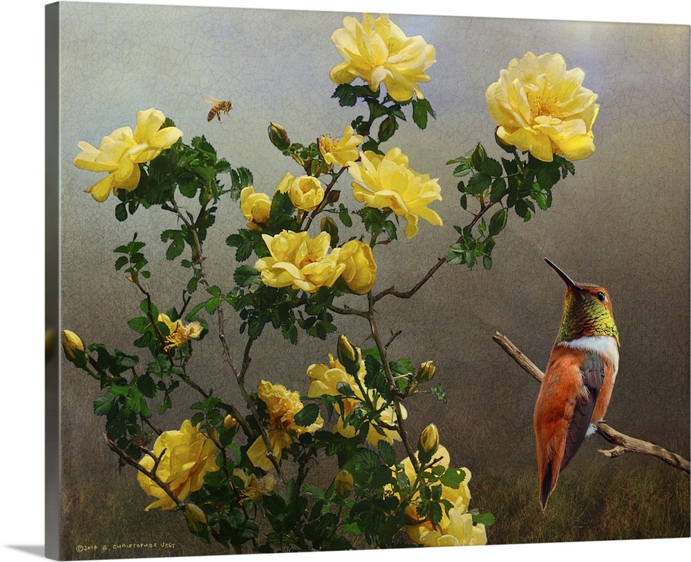 Contemporary artwork of a hummingbird perched on a branch net to a bouquet of yellow roses.