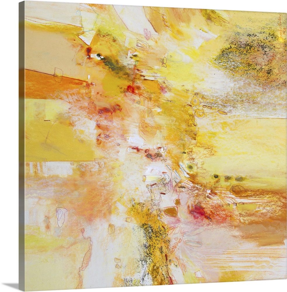 Contemporary abstract art, originally in acrylic, ink, and watercolor, in bright shades of orange and yellow.