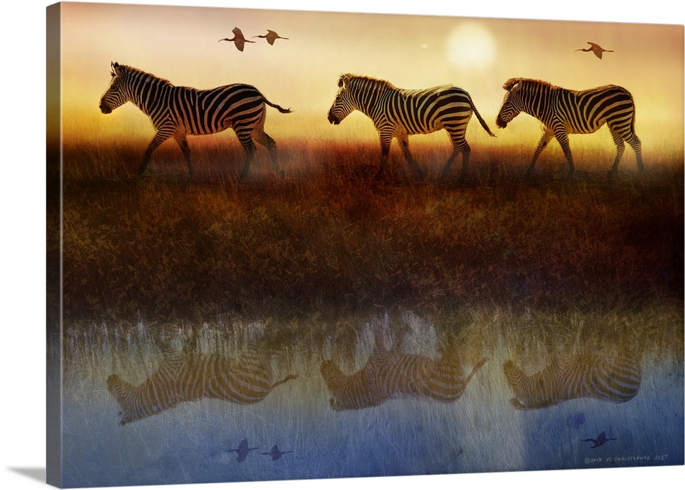Contemporary artwork of three zebras walking single file through the Serengeti.