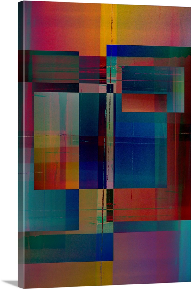 Geometric abstract artwork that consists of multi-colored rectangular shapes.