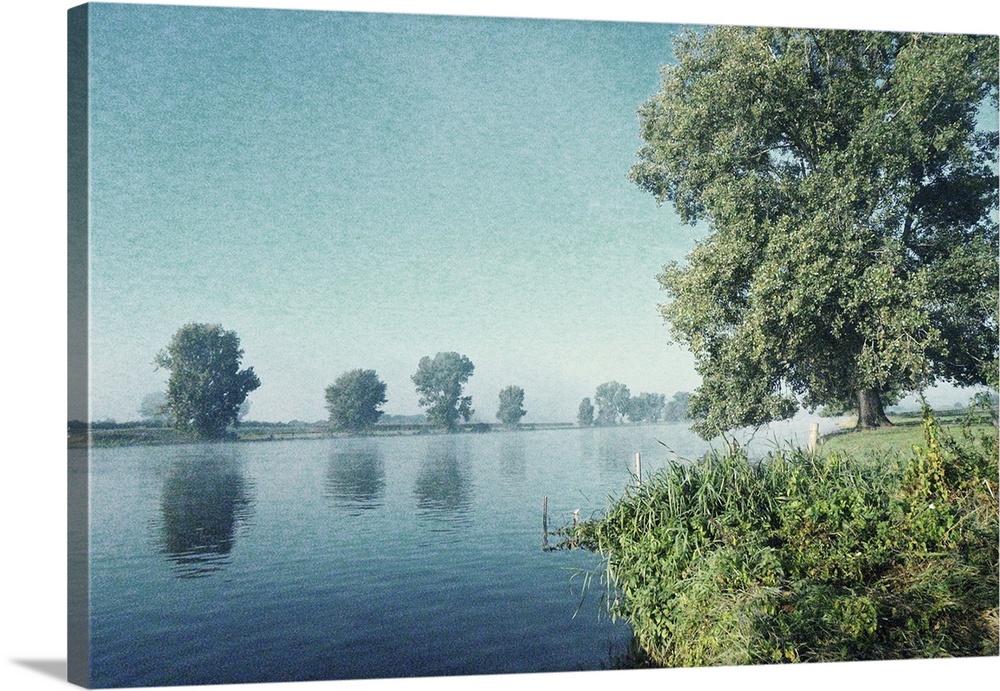 Artistically grained photo. Early in the morning on the banks of a river. The rising sun dispelled the mist.
