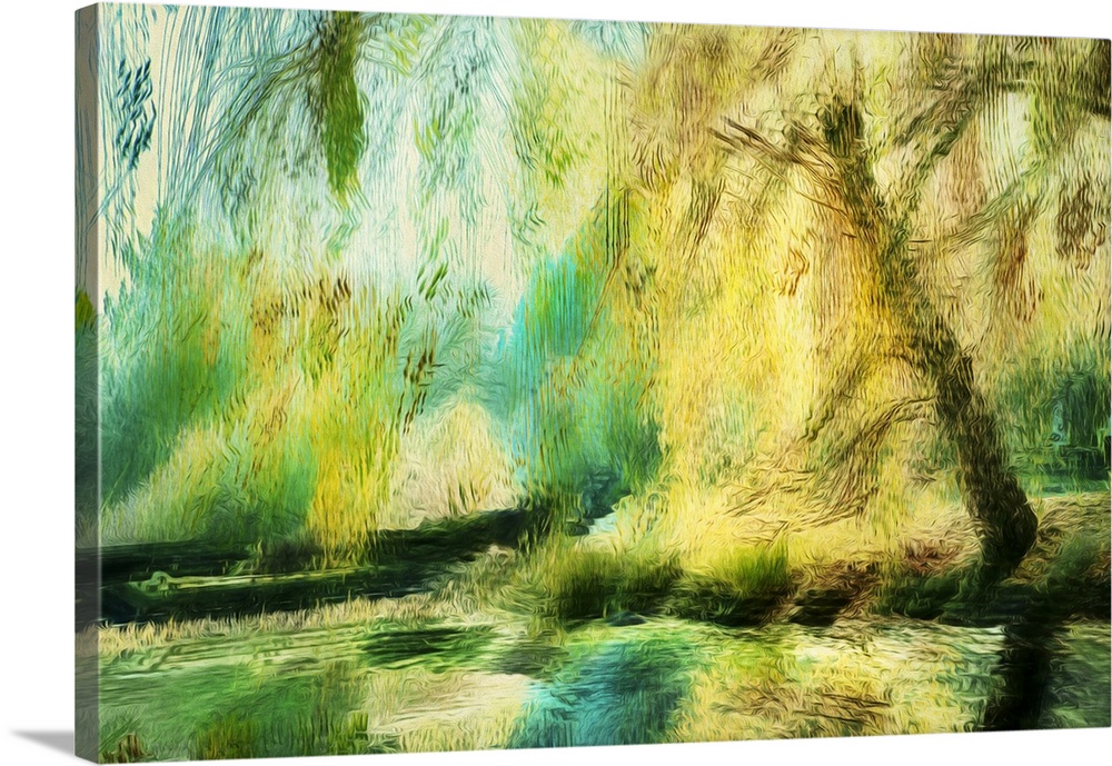 In-camera-movement and multiple exposures coupled with bright colors provides energy to a pond scene.