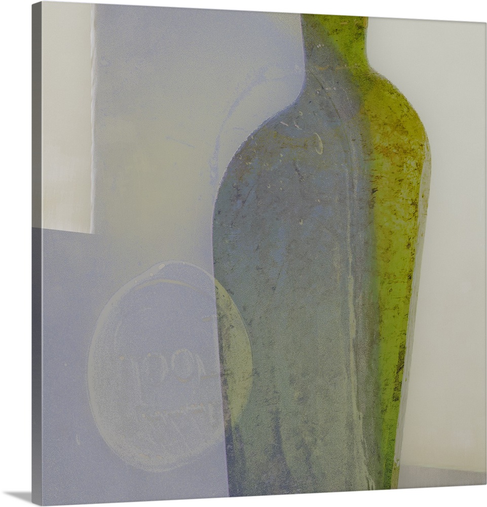 An abstract expressionist image of stylised bottle and ornamental object shapes in neutral and pale green colours with sof...