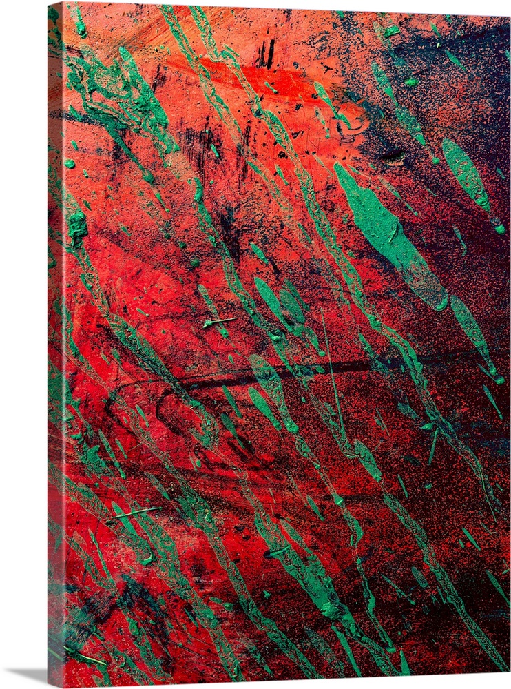 Textured art with a bright red background with black and green strokes of color.