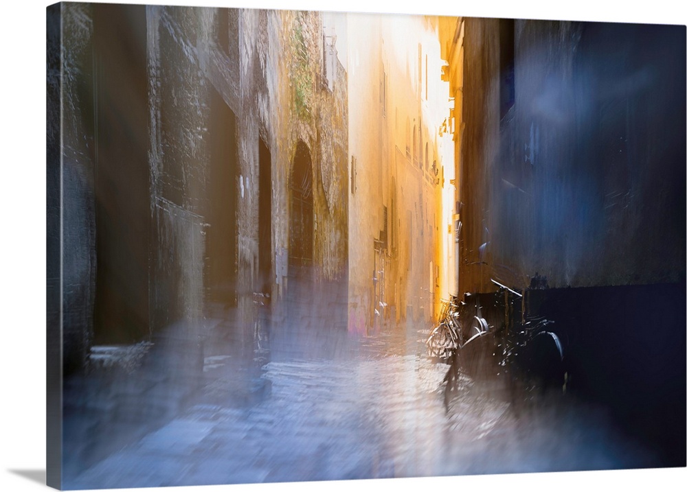 Multiple exposure photograph of an alleyway with bikes leaning up on the building.