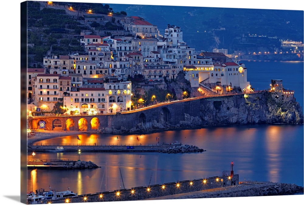 Night View Of Amalfi On Coast Line Of Mediterranean Sea, Italy Solid-Faced  Canvas Print