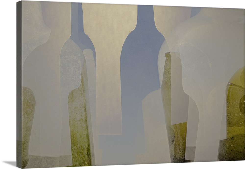 An abstract expressionist image of stylised bottle and ornamental object shapes in neutral, gold and pale green colours wi...