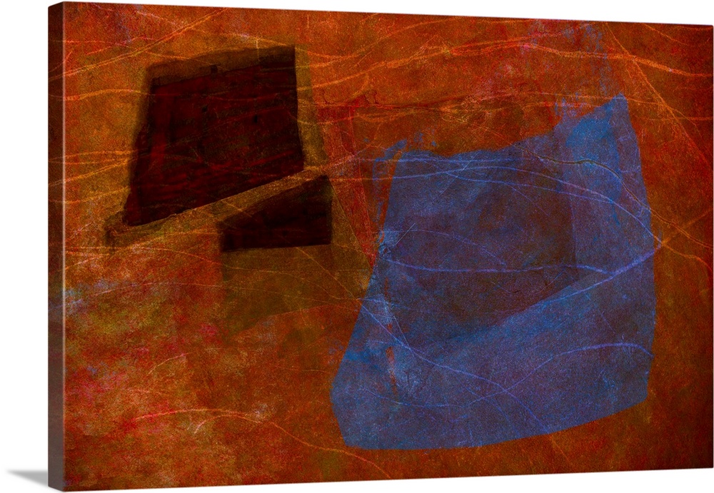 An abstract expressionistic image of textures and shapes in rich reds, blues and purples.