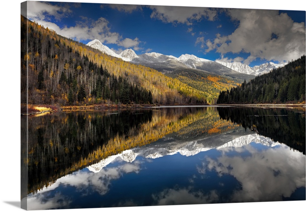 Mirror reflection in a lake of snowy mountain peaks overlooking a forested valley.