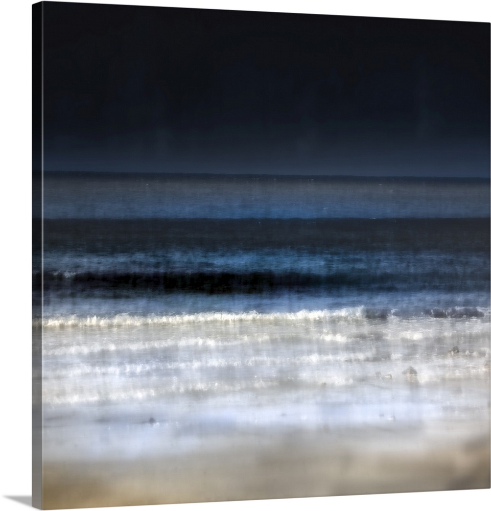 Minimalist navy blue and white abstract beach scene with dark skies and waves breaking on sand.