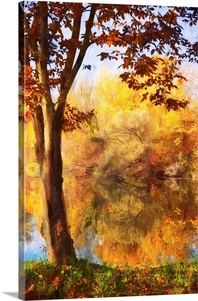 Trees by a pond with a expressionist photo or painterly effect