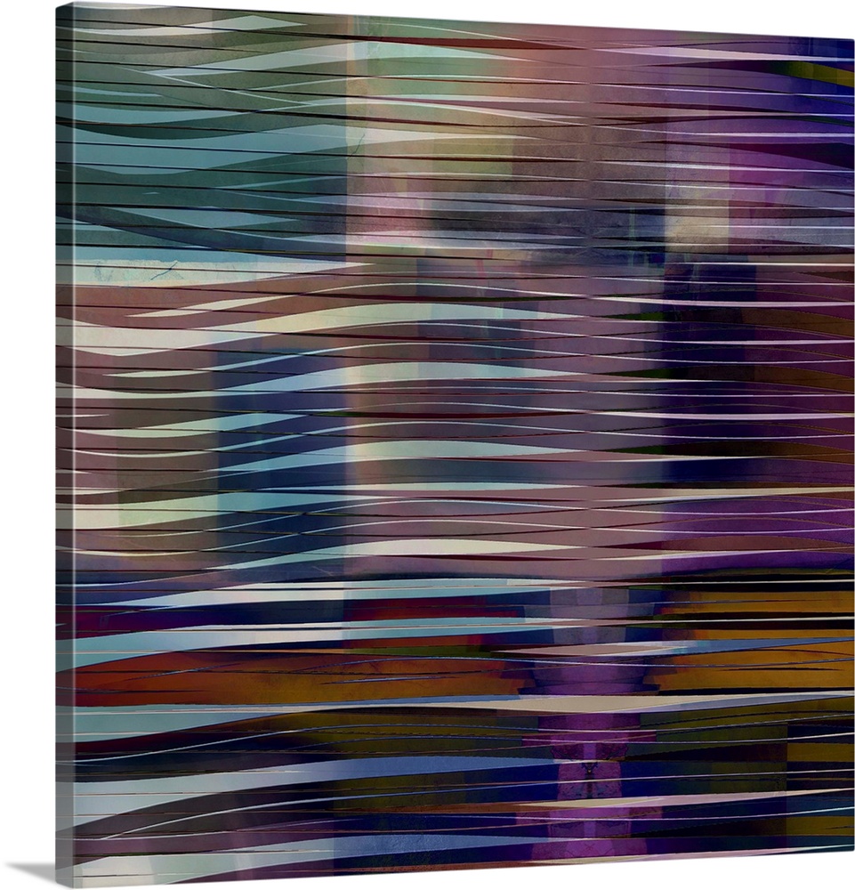 Square abstract fine art image with wavy lines running horizontally across the canvas in shades of blue, purple, yellow, r...