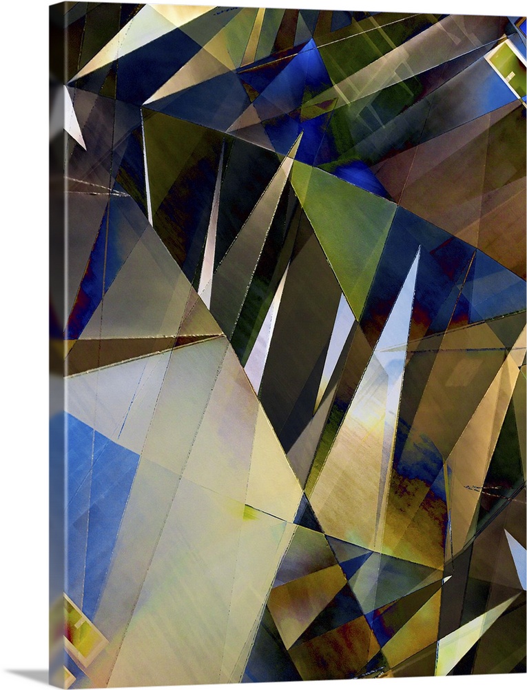 Abstract photograph made of intersecting angles and lines in varying blue and yellow shades.