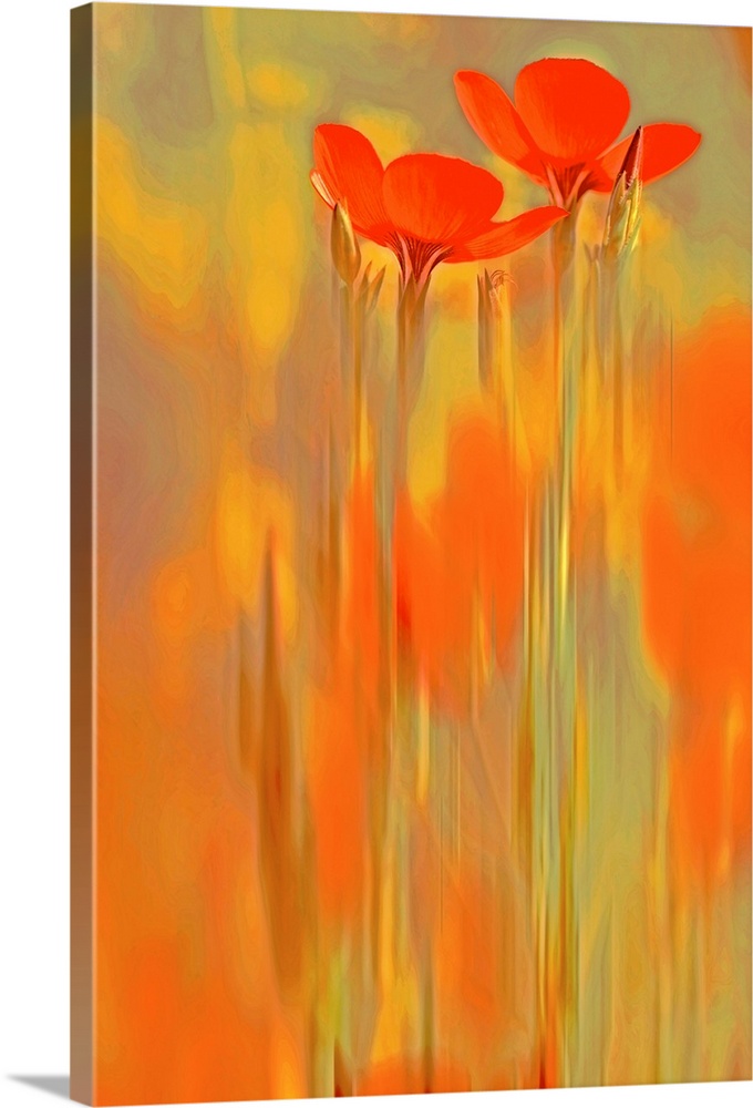 A large vertical piece that has two long orange flowers shown surrounded by warm colors.