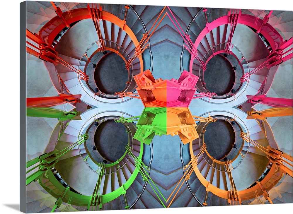 Kaleidoscopic art of a spiral staircase painted in neon colors.