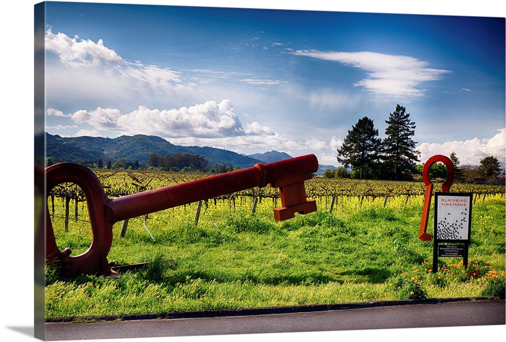 Fine art photo of a large key sculpture near the entrance to a vineyard.