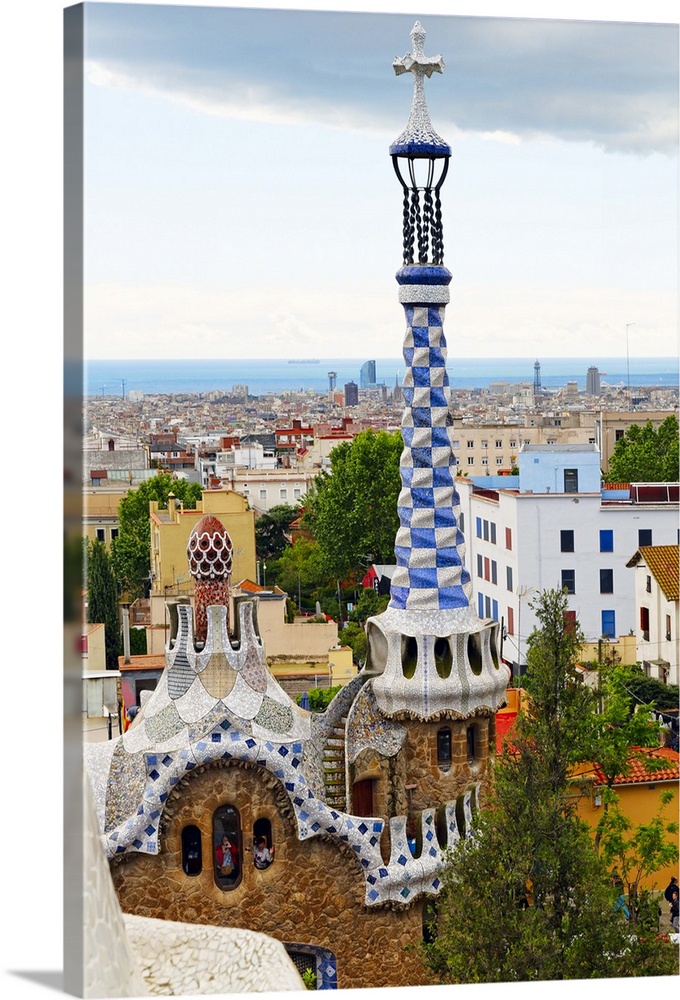 High Angle View of the Gatehouse with White and Blue Tower, Park Guell