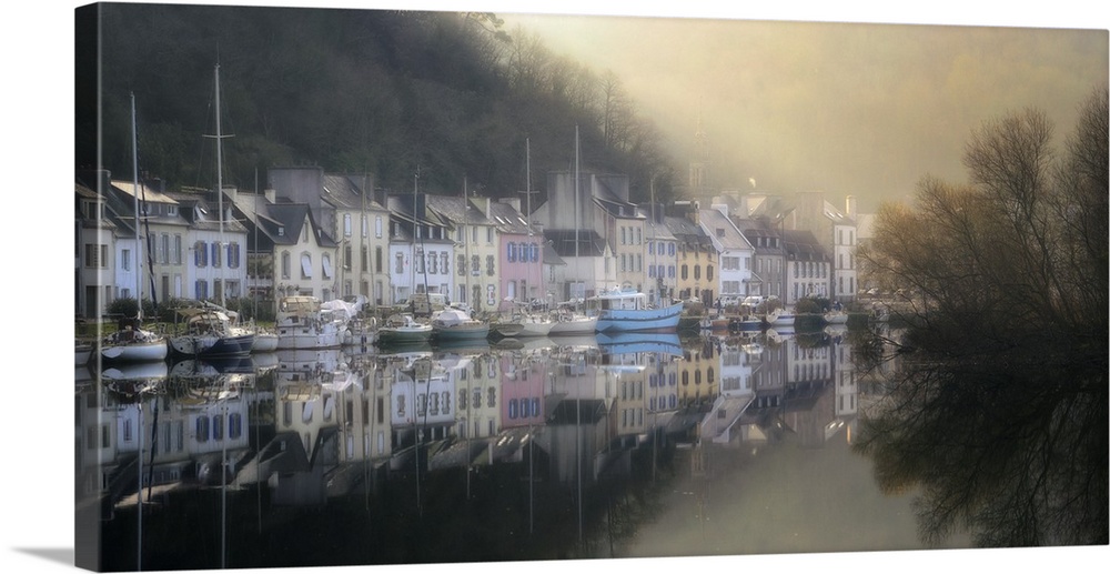 A photograph of a foggy marina in a small French village.