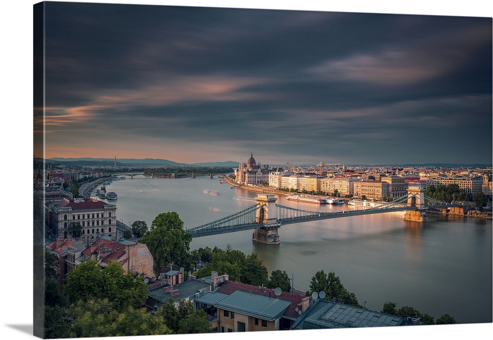 Hungarian Parliament Building along Danube river bank seen from Buda Castle in Budapest, Hungary.
