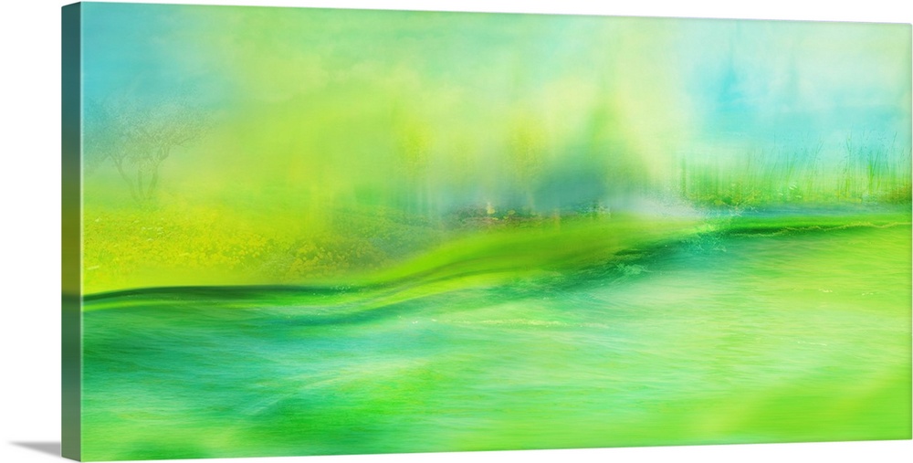Several layers of a lot of photos blended together to create a bright green, yellow, and blue abstract.