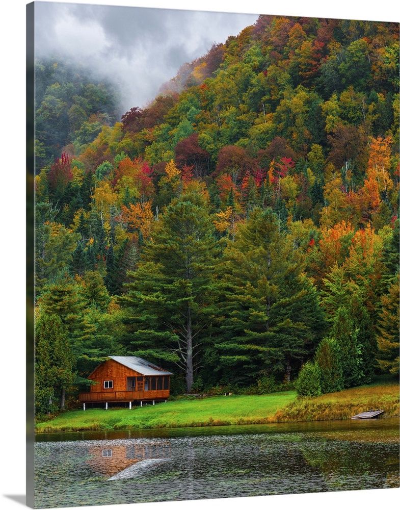 A red cabin nestled in the forest at the edge of a lake.