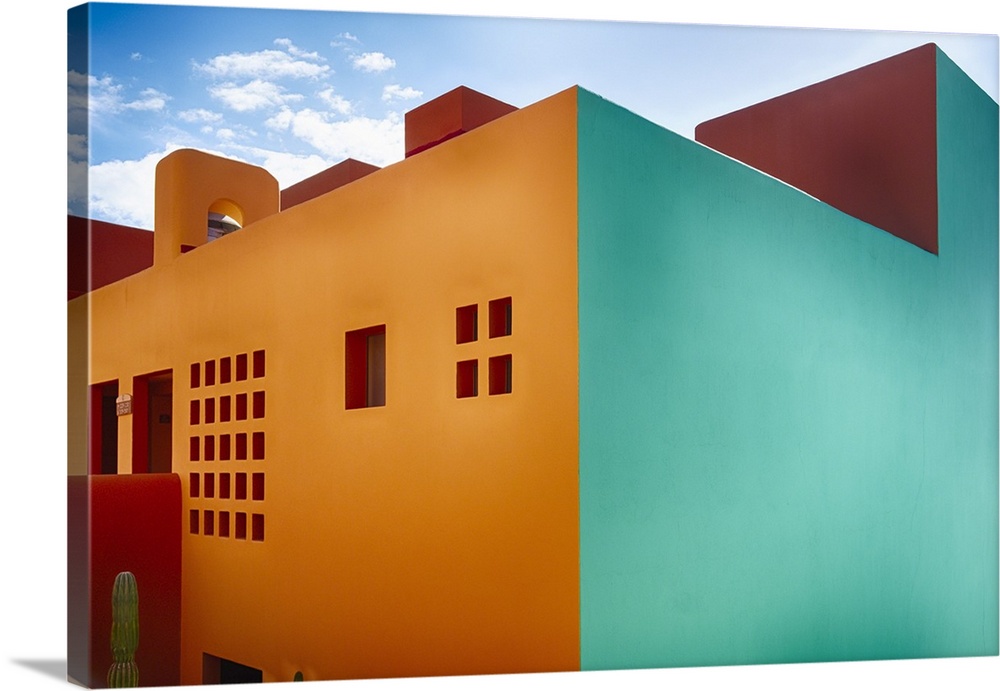 View of a Modern Building with simple Rectangle and Square Hsapes, but with Bold Colors, Cabo San Lucas, Baja California S...