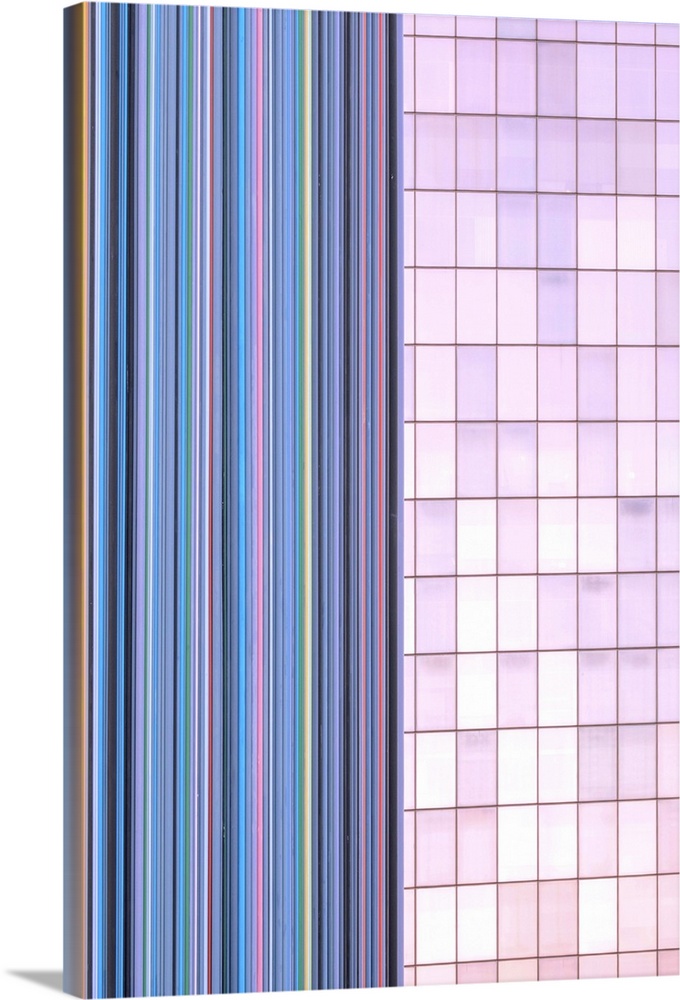 An abstract view of architectural details in pink and purple.