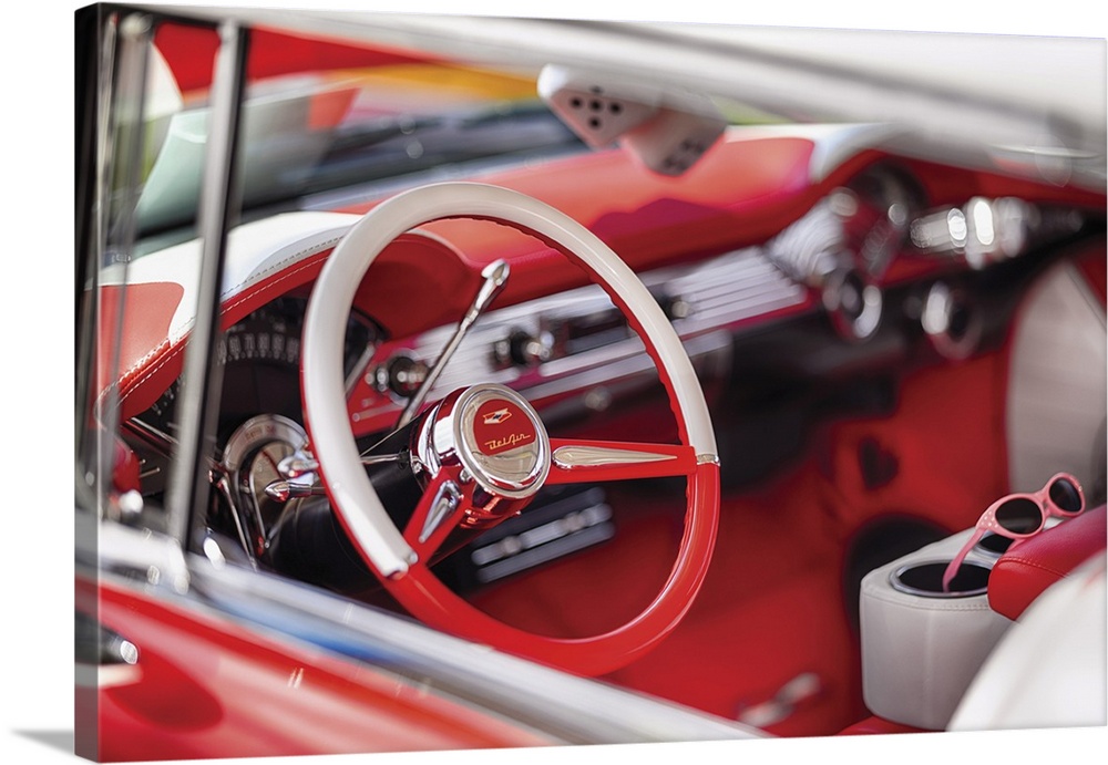 Close up View of a 1957 Chevrolet Bel Air Steering Wheel and Dashboard
