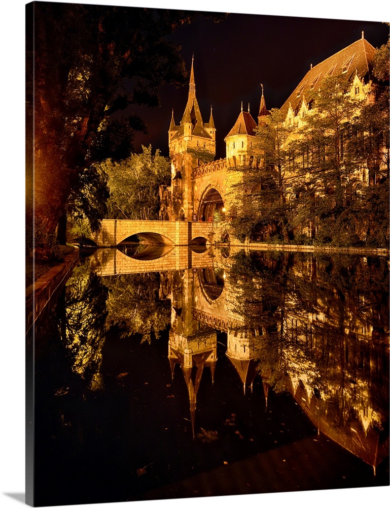 Reflections of a Castle in a Lake at Night, Budapest, Hungary.