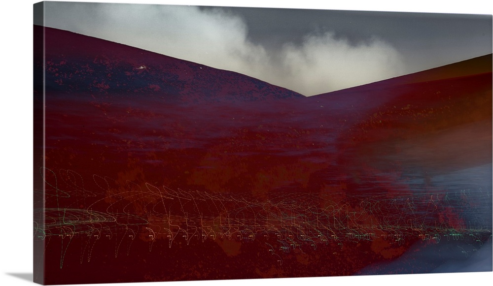 Photograph of an abstract landscape with rusted red hills and light trails, created with multiple exposures and layers.