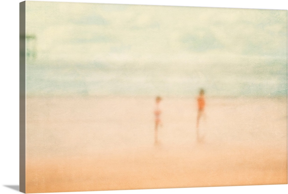 Soft focus painting of two children standing on the beach with ocean and pier in distance.