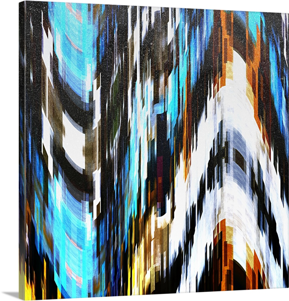Bright orange, white, and blue lights from a city scene warped into stretched, square shapes to create an abstract image.