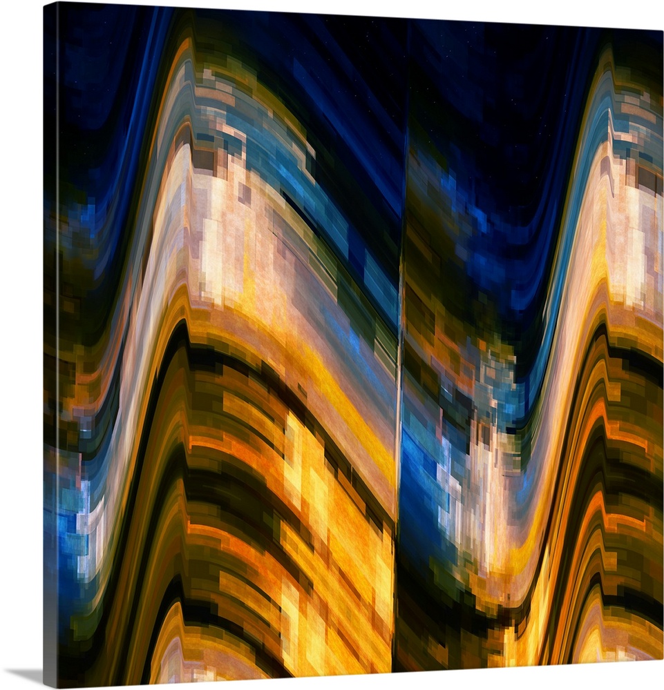Bright orange and blue lights from a city scene warped into stretched, square shapes to create an abstract image.