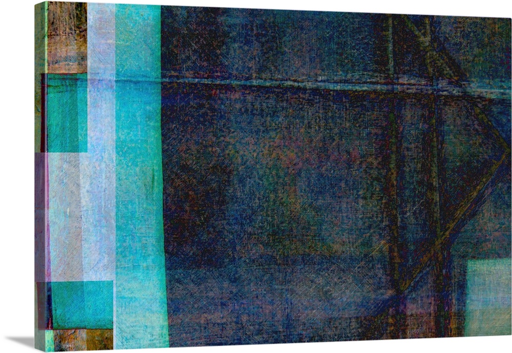 A contemporary abstract of rectangular forms in shades of blue, turquoise and brown.