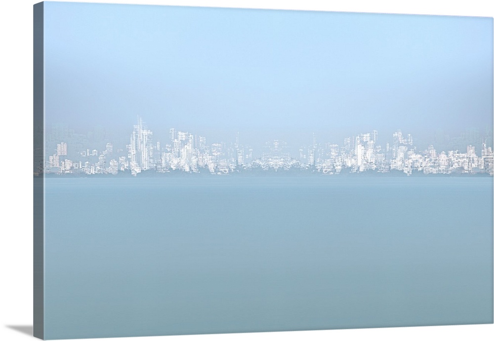 Light blue and white image of an abstract city skyline created with multiple exposures.