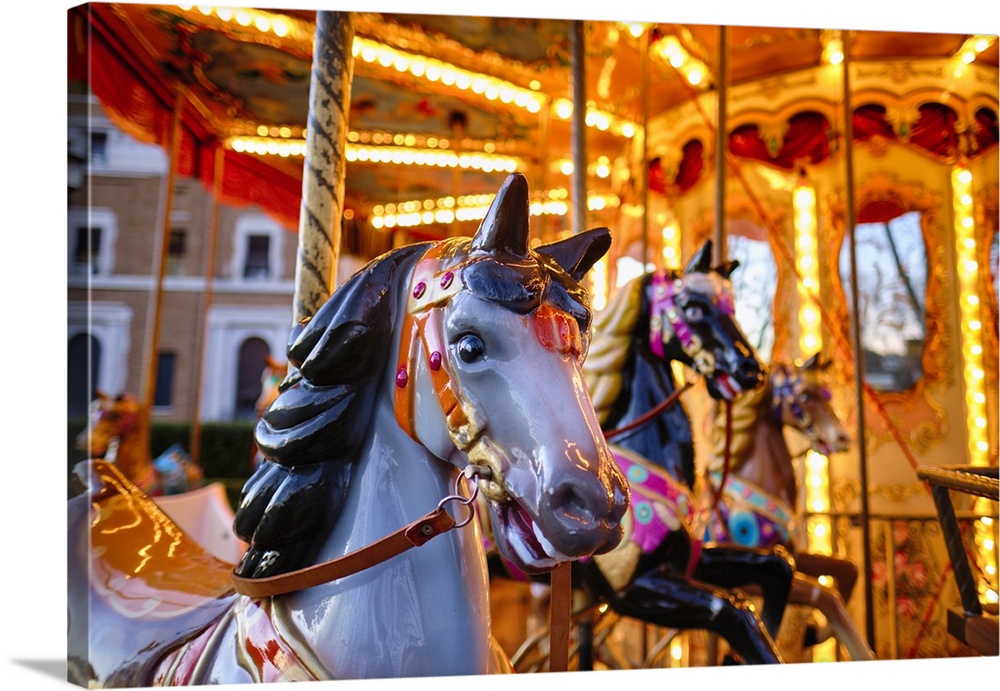 Close Up View of Horses on a Classic Carousel, Rome, Italy