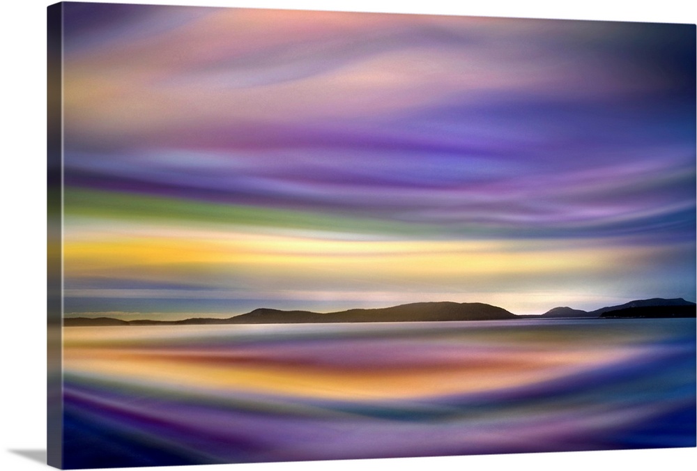 Large contemporary art shows a group of shorelines set in the distance of the middle portion of this canvas art, while cur...
