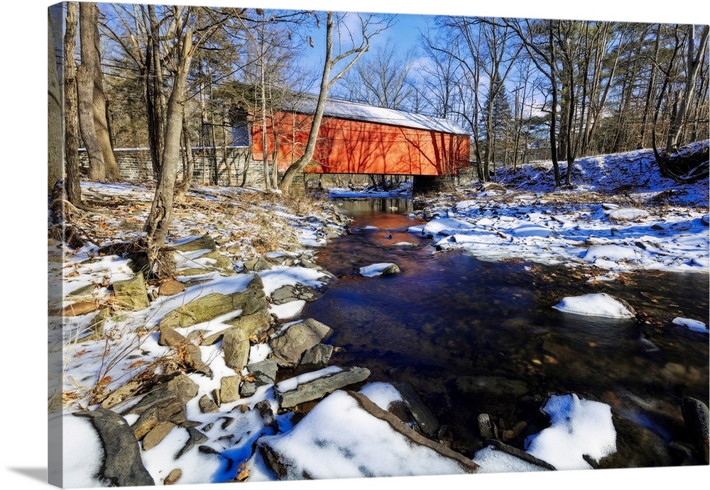 Low Angle View of the Cabin Run Covered Bridge During Winter, Bucks County, Pennsylvania.