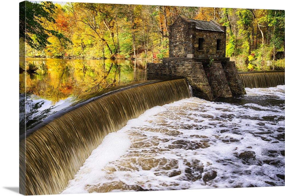 Dam on Speedwell Lake at the Place of the Old Ironwork During Fall, Morristown, Morris County, New Jersey, USA
