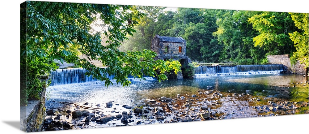 Panoramic Image of an Old Dam with a Waterfall on the Whippany River, Speedwell Lake Park, Morristown, Morris County, New ...