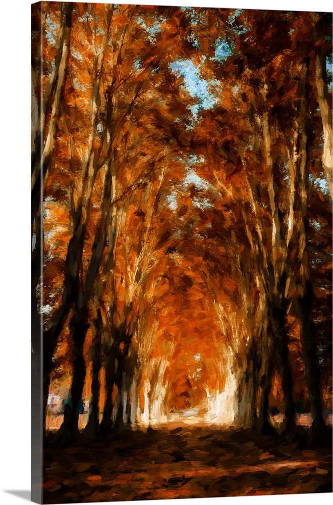 An avenue of trees in autumn with a process of expressionist photo or painterly
