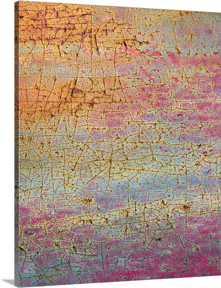 Abstract macro image of paint and rust on a vintage Dodge truck, in shades of bright pink and gold.